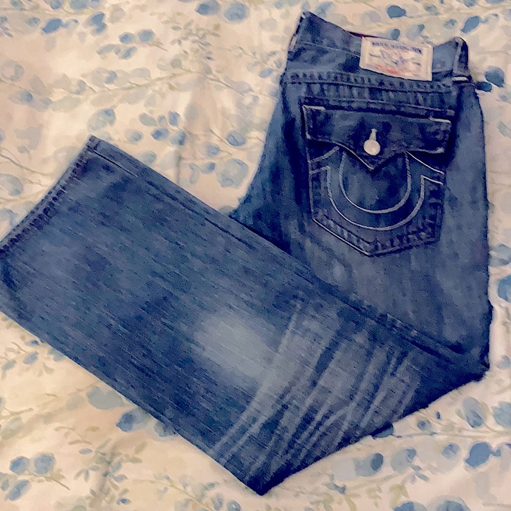 Size 38 True Religion jeans (blue with red stitching). Worn twice.